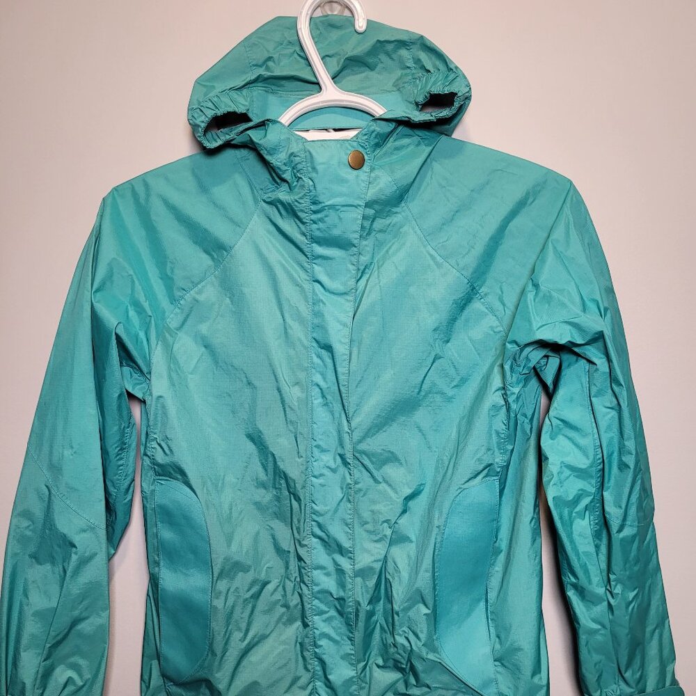 Girls Teal Hooded Rain Jacket - Size Medium (approx.  8-10yrs)